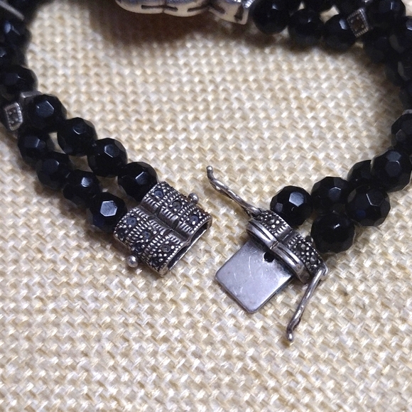 MARCHASITE  MOTHER OF PEARL OBSIDIAN DOUBLE BEADED BLACK BRACELET - Picture 4 of 9